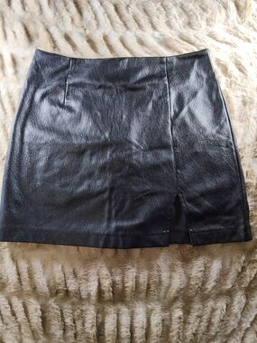 Black Faux Leather Mini Skirt with Front Slit